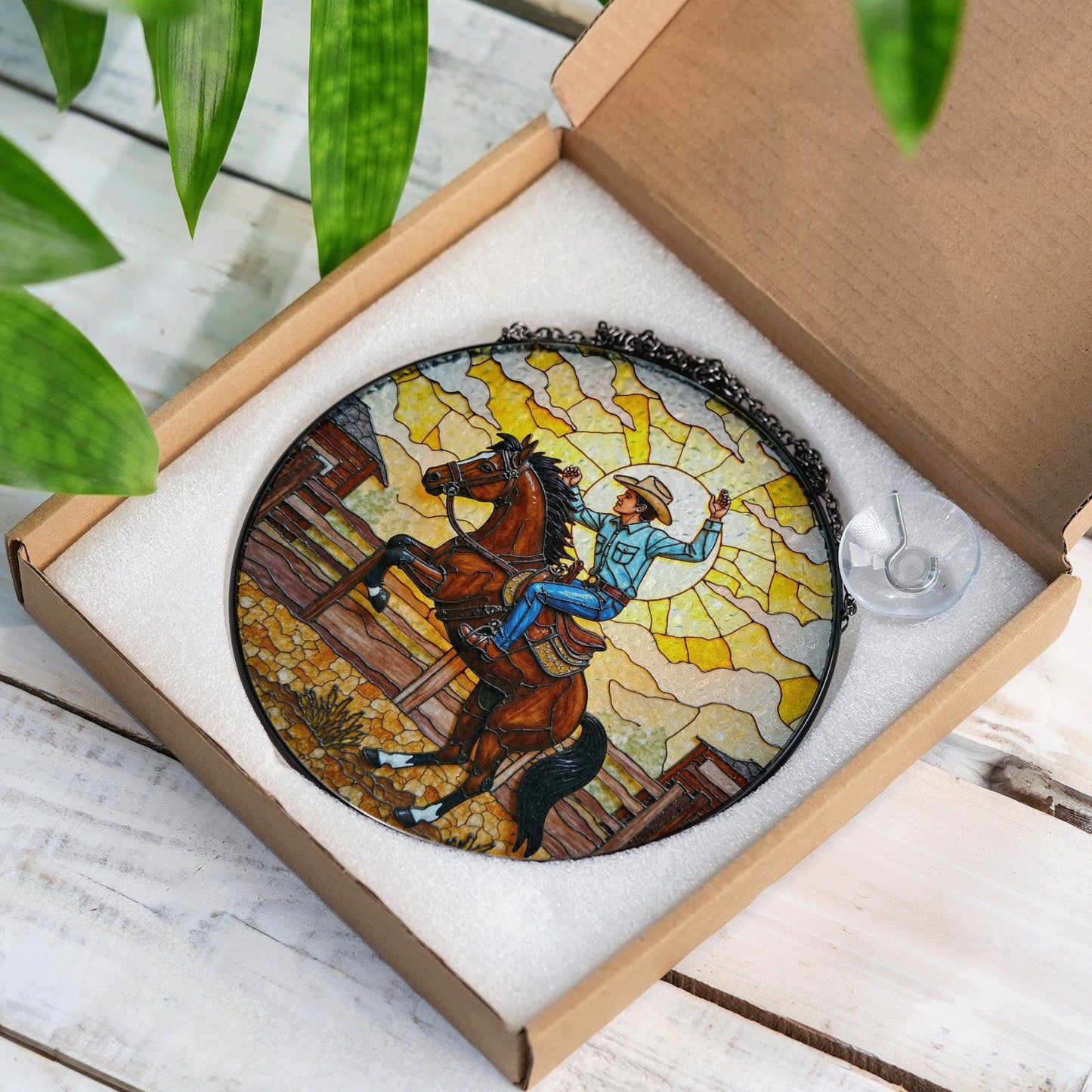 Cowboy on Horseback Stained Glass Western Suncatcher Window Art Gift for Father or Western Decor Lovers