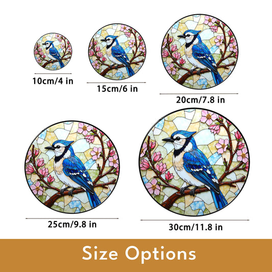 Blue jay on cherry blossom branch round suncatcher stained glass bird decor gift for moms spring window hanging
