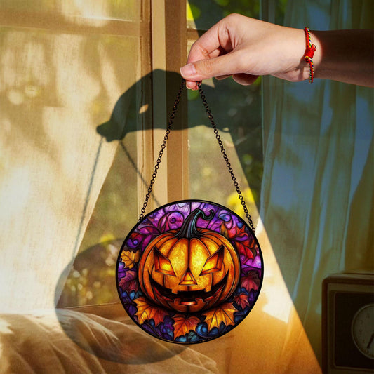 Halloween Pumpkin Stained Glass Suncatcher – Spooky Jack-O’-Lantern Window Hanging Decor or Gift, Glowing Fall Accent for Haunted Home