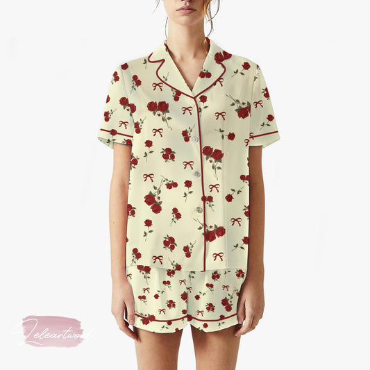 Rose Coquette Pajama Set – Vintage Red Rose & Bow Print Sleepwear, Soft Cream Button-Up Loungewear for Coquette Aesthetic Lovers
