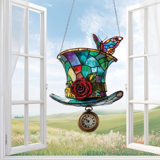 Mad Hatter Acrylic Window Hanging, Wonderland Hat Window Hanging, Whimsical Fantasy Decor Gift for Storybook Fans, Storybook Gifts