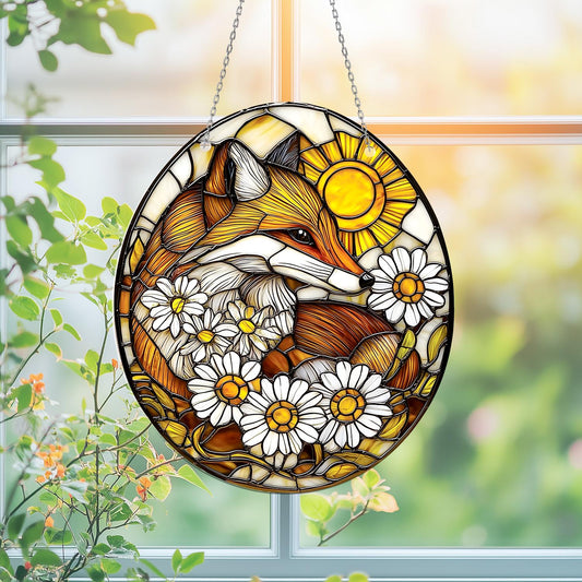 Fox and Daisy Window Hanging, Woodland Animal Glass Decor with Sunshine, Nature-Inspired Gift for Her, Summer Cottagecore Accent