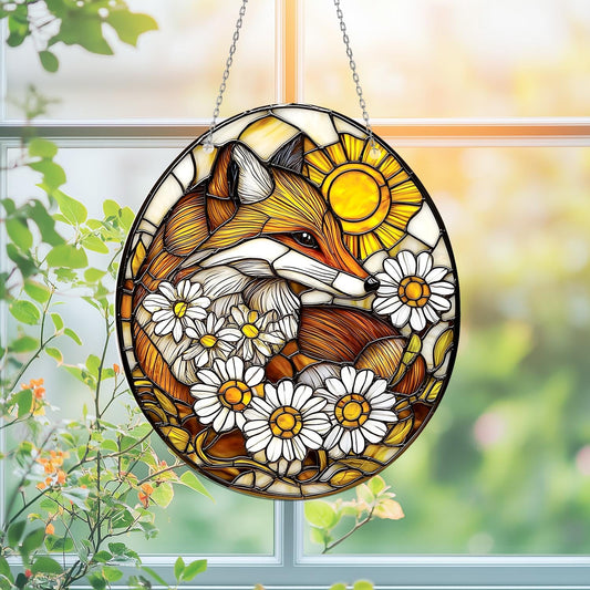 Fox and Daisy Window Hanging, Woodland Animal Glass Decor with Sunshine, Nature-Inspired Gift for Her, Summer Cottagecore Accent
