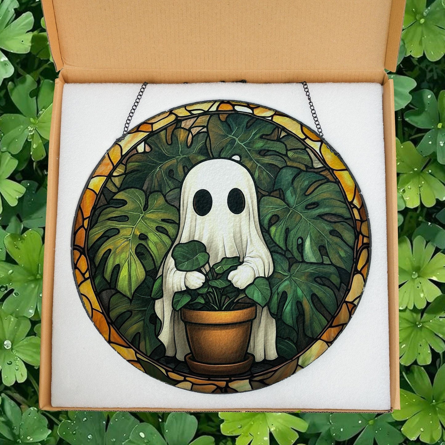 Cute Ghost Plant Stained Glass Suncatcher, Ghost and Monstera Ornament, Halloween Ghost Window Hangings, Plant Lovers Gift, Gift For Mom