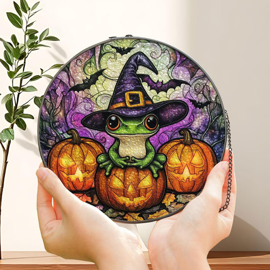 Frog Stained Glass Suncatcher, Pumpkin Cluster Scene, Halloween Witch Decor, Spooky Cute Style, Animal Lovers, Fun Fall Gift