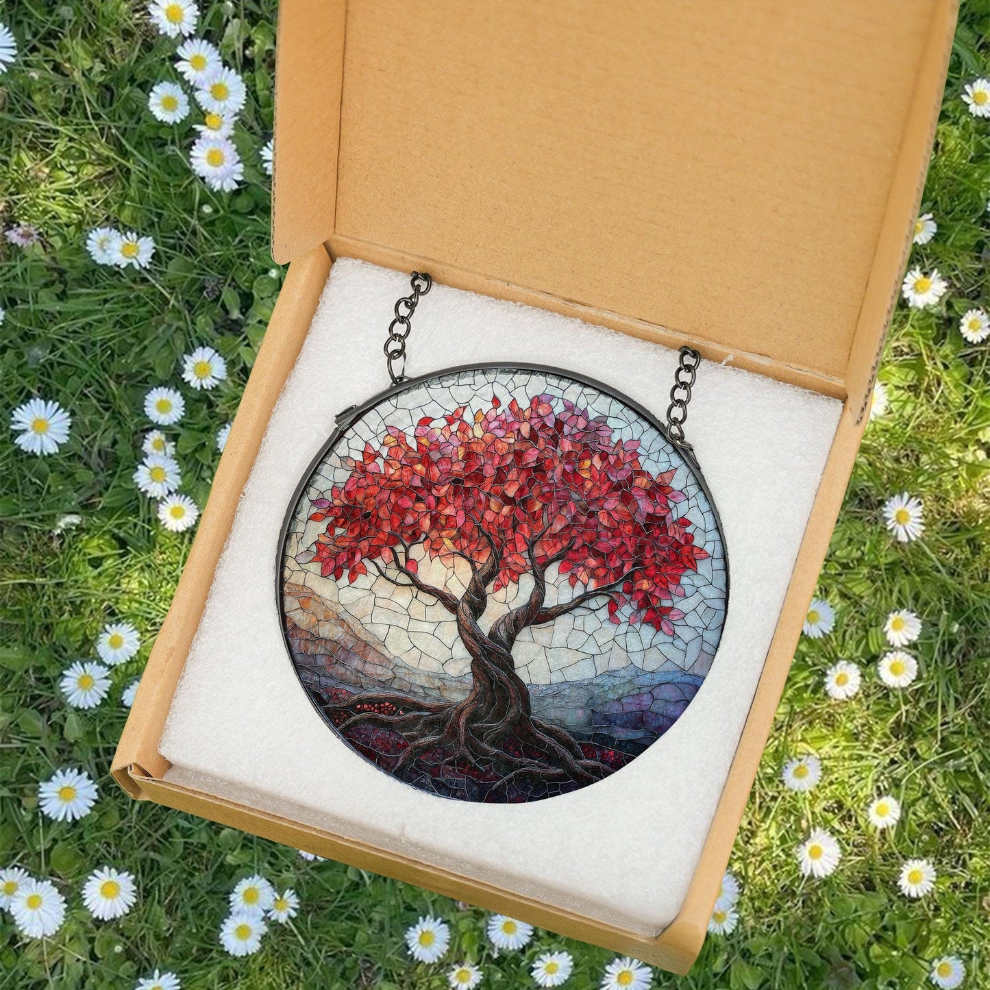 Stained Glass Tree of Life Window Hanging, Red Tree Suncatcher for Fall Decor, Boho Sunlight Catcher Art, Nature Gift for Home or Garden