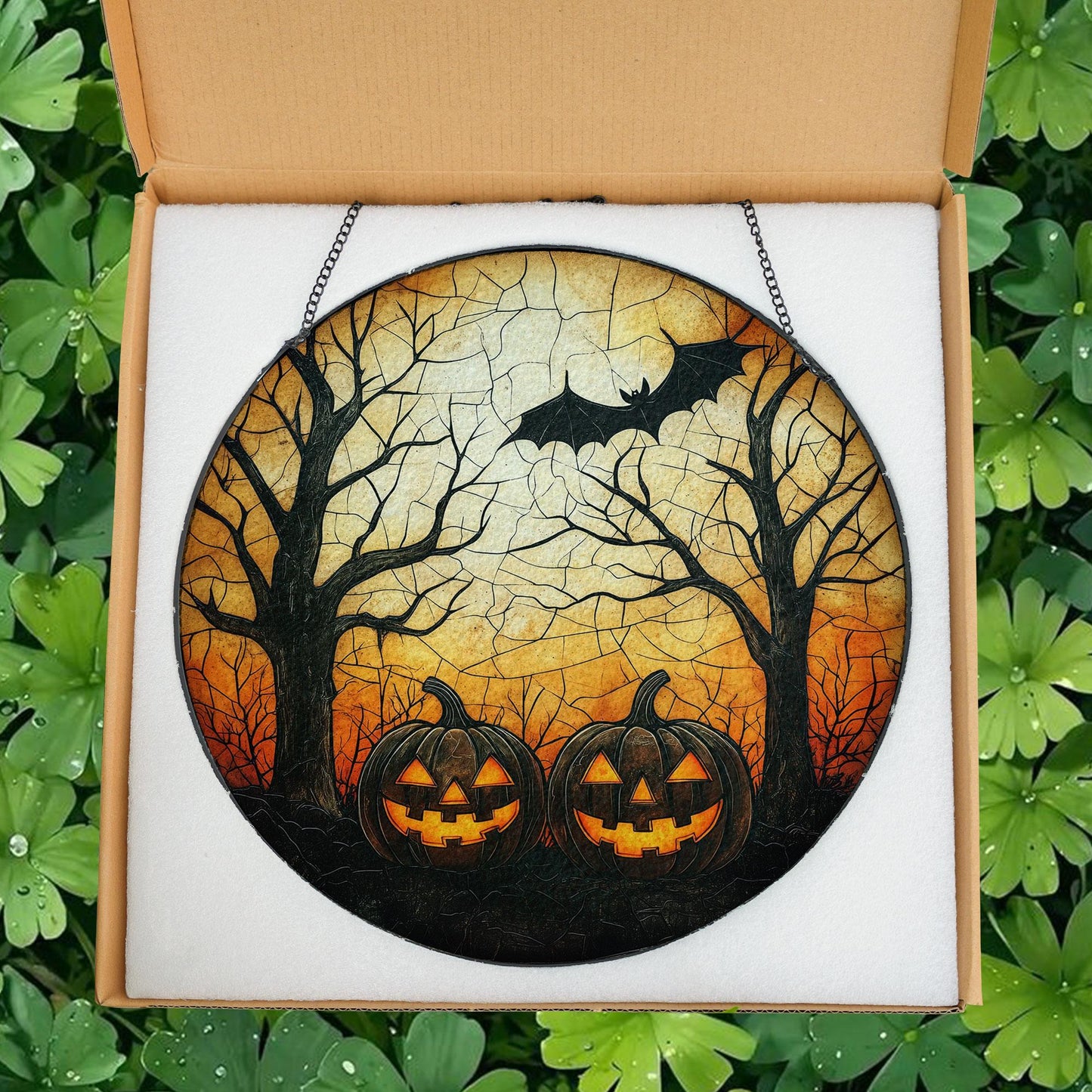 Halloween Pumpkin Glass Suncatcher, Glass Hanging with Jack-o’-Lanterns, Bat and Spooky Trees for Fall Decor, Haunted Home or Witchy Gifts