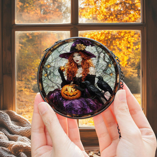 Halloween Witch Suncatcher, Gothic Witch with Pumpkin and Ravens, Spooky Window Hanging for Halloween Decor, Fall Gifts, Witchy Home Vibes