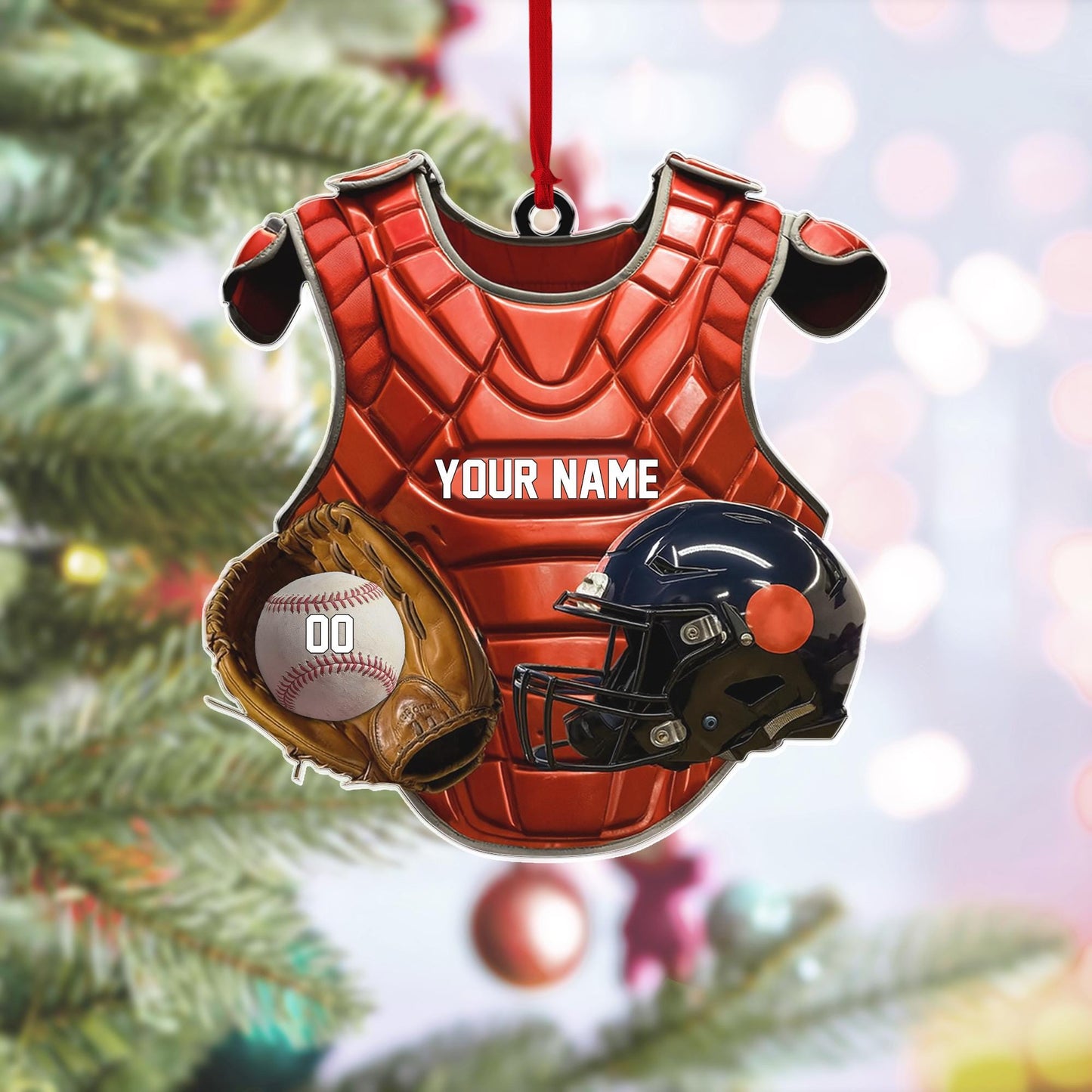 Custom Name Baseball Catcher Chest Protector & Helmet Personalized Ornament, Christmas Tree Hanging, Christmas Ornament, Flat 2D Ornament