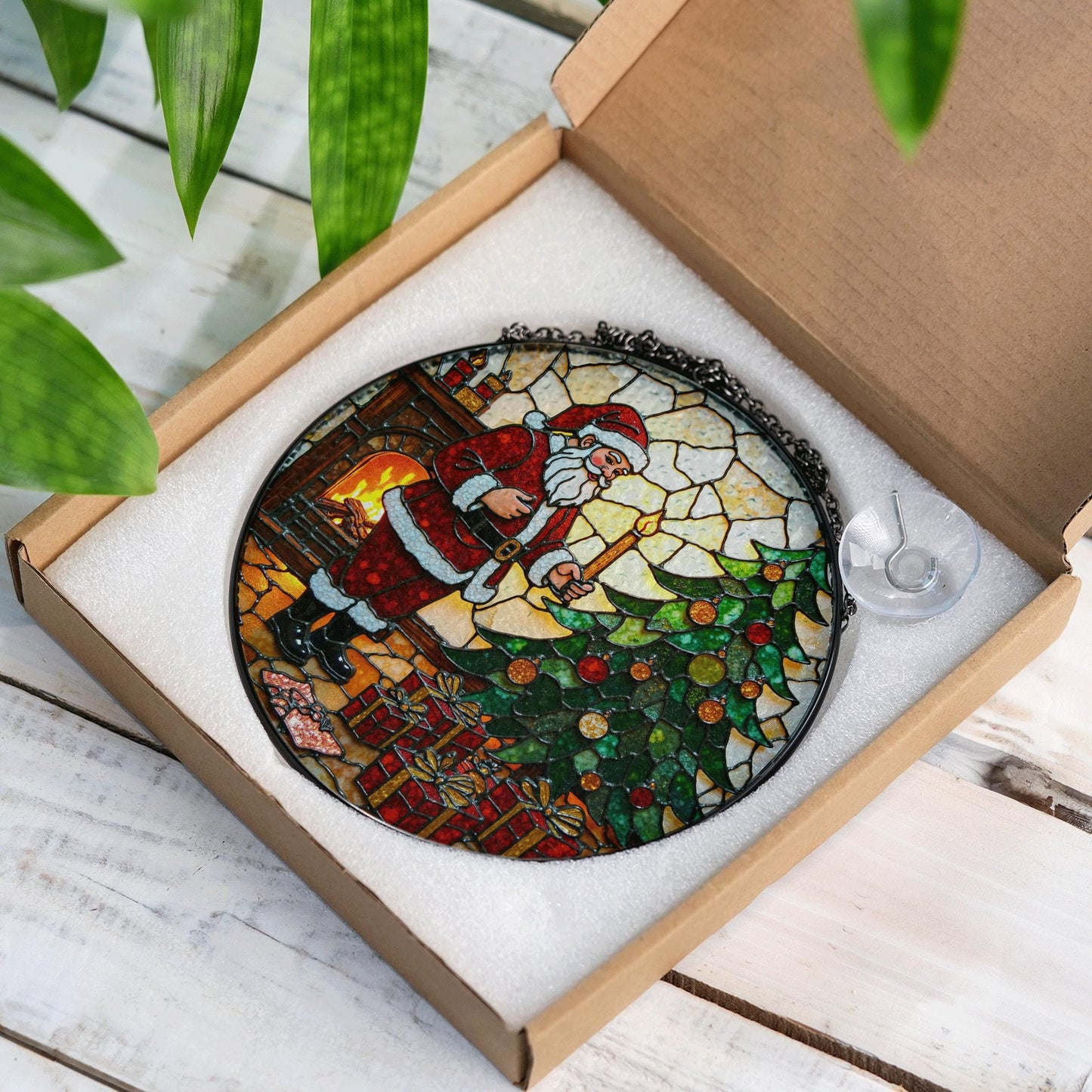 Santa by Christmas Tree Round Glass Suncatcher Holiday Window Decor Christmas Gift for Mom