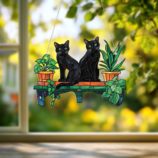 Two Black Cats on Plant Shelf Window Hanging – Elegant and Mysterious Home Décor for Cat Lovers, Plant Parents, and Cozy Autumn Vibes