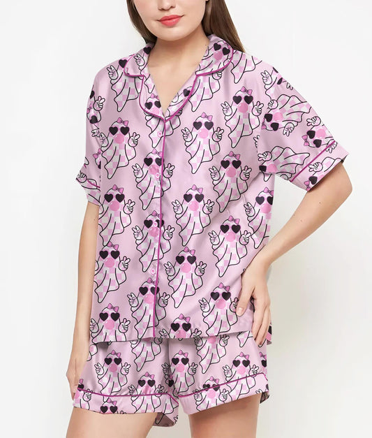 Vintage Halloween Shirt, Pajamas Satin Set, Cute Ghost Pink, Gift For Halloween, Halloween Coquette, Spooky Season, Fall Aesthetic