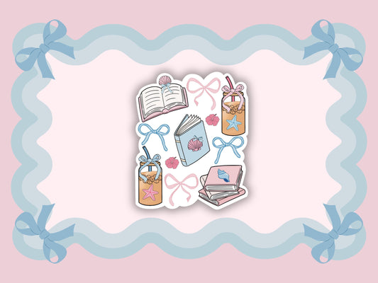 Coquette Summer Essential's Sticker, Book Stack Vinyl Decal, Girly Book Club Sticker, Gift for Book Lover, Cute Iced Coffee Kindle Stickers