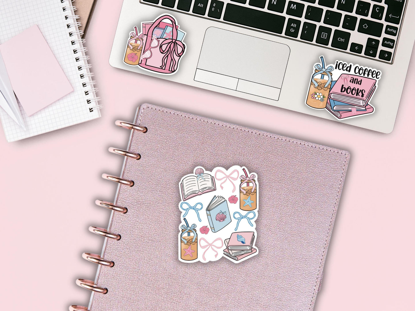Coquette Summer Essential's Sticker, Book Stack Vinyl Decal, Girly Book Club Sticker, Gift for Book Lover, Cute Iced Coffee Kindle Stickers