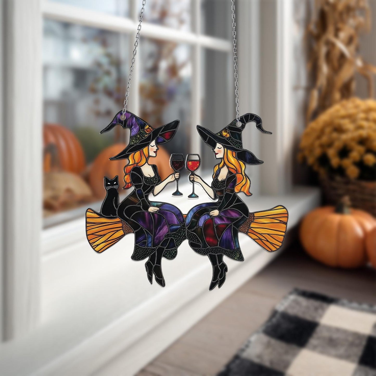 Witch Window Hanging Halloween Decor, Two Witches on Broomstick with Wine, Fall Gothic Window Art, Spooky Season Gift for Best Friend