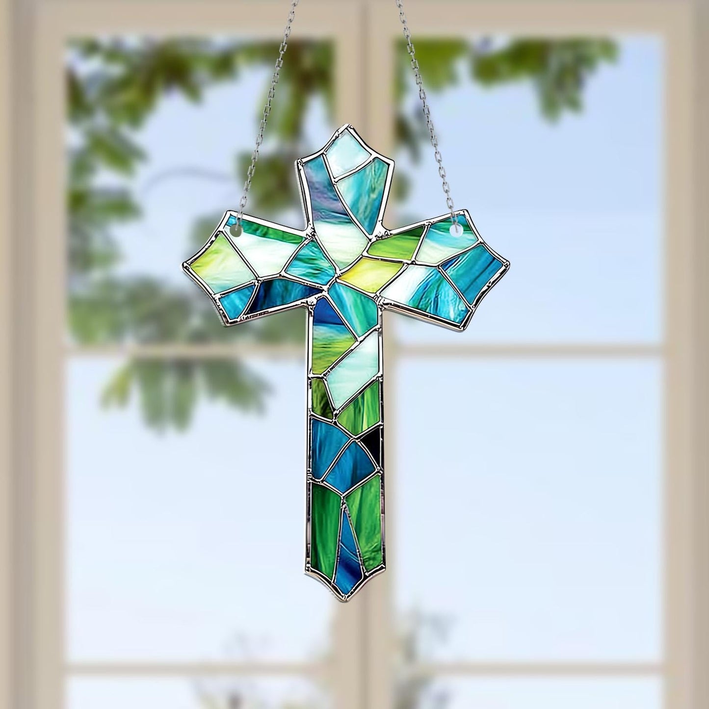 Christian Cross Window Hanging with Blue Green ACRYLIC – Christian Decor, Religious Gift for Mom, Housewarming Ornament, Faith Art