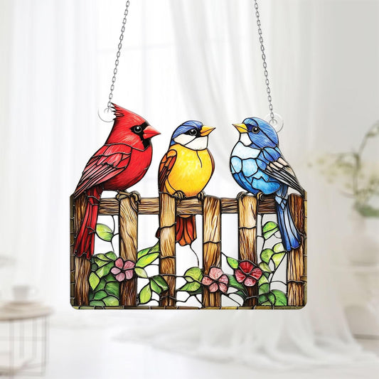 Colorful Birds on Fence Window Hanging – Cardinal, Blue Jay & Yellow Bird Decor, Cheerful Garden Gift for Bird Lovers, Spring Window Accent