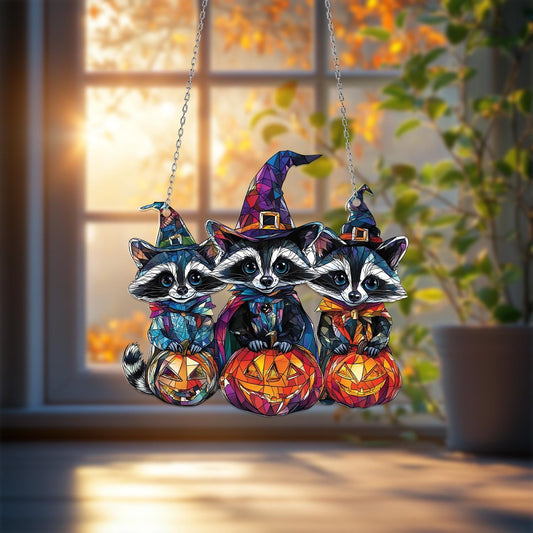 Halloween Raccoon Window Hanging – Cute Witchy Pumpkin Decor for Fall, Spooky Animal Gift for Kids, Halloween Home Accent for Trick or Treat