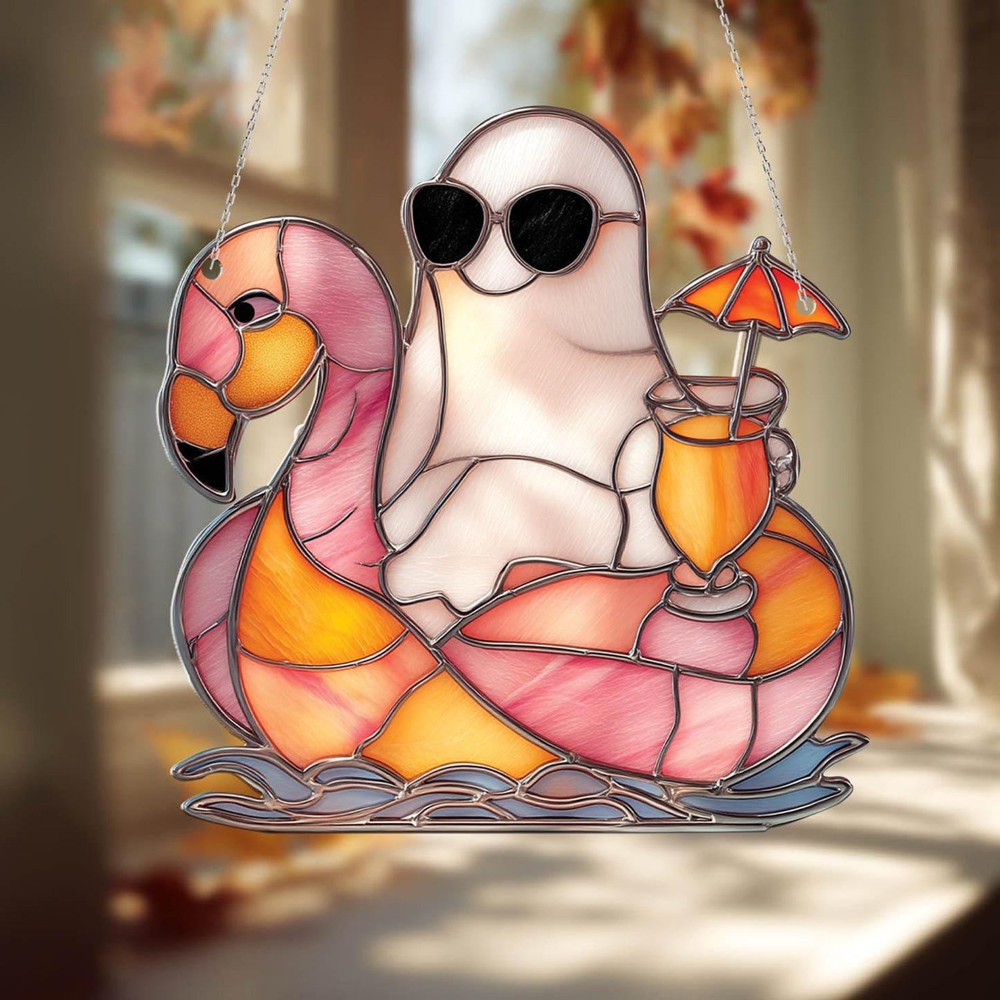 Summer Ghost Window Hanging – Funny Halloween Flamingo Decor with Cocktail, Spooky Cute Beach Vibe Gift for Her, Poolside or Patio Accent
