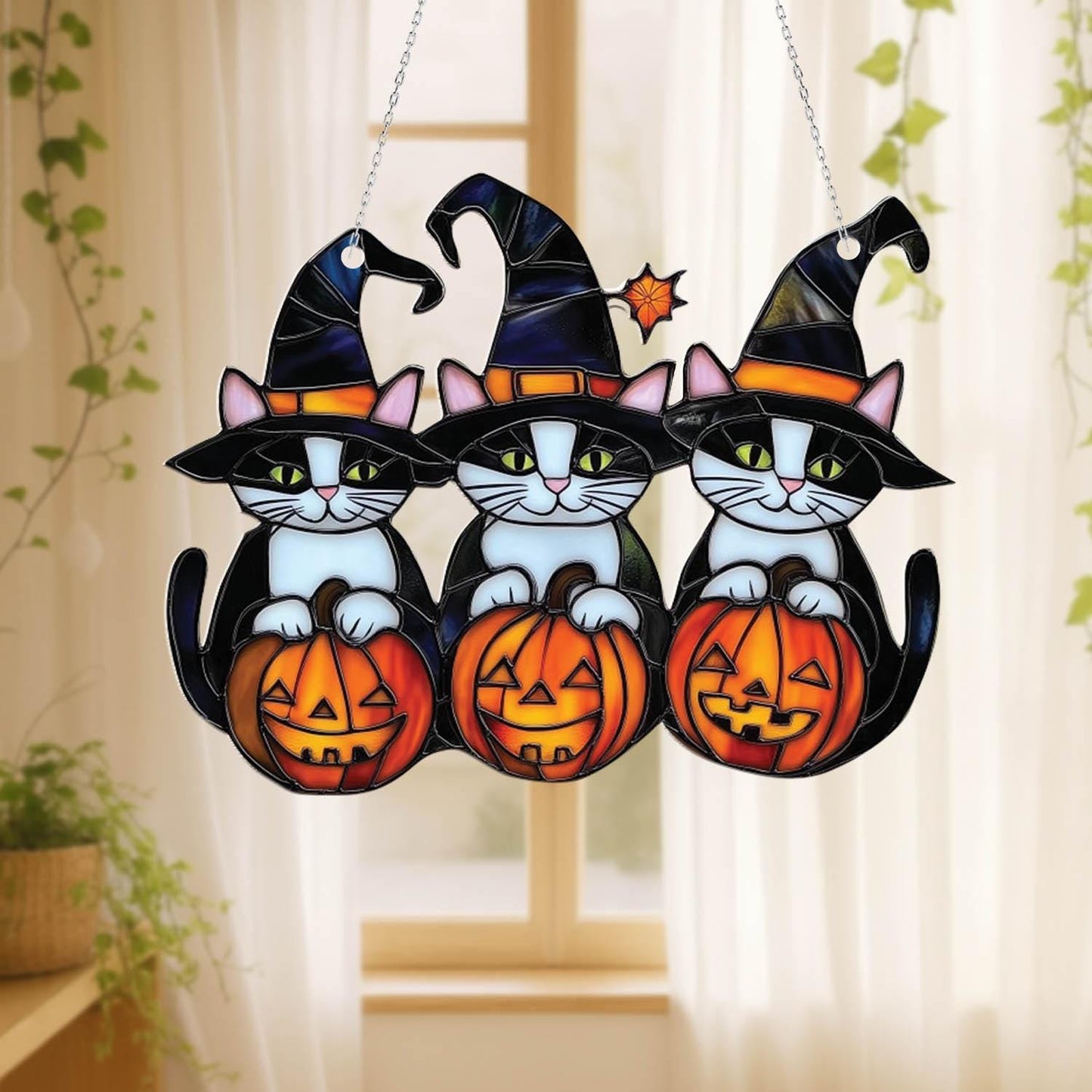 Halloween Cat Trio Window Hanging – Cute Black & White Witch Cats with Pumpkins, Spooky Fall Decor for Cat Lovers, Trick or Treat Home Gift
