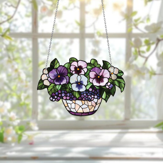 Vibrant Flower Window Hanging, Beautiful Pansy Floral Decor, Colorful Plant Hanging for Brightening Your Room, Unique Home Accent