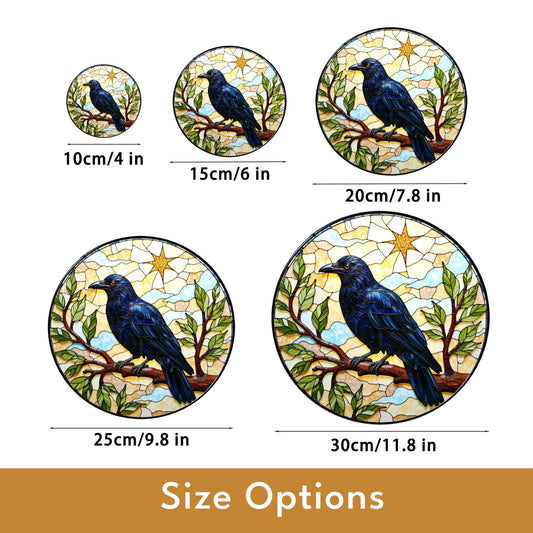 Midnight raven on tree branch stained glass suncatcher window hanging gift for Halloween or nature lover