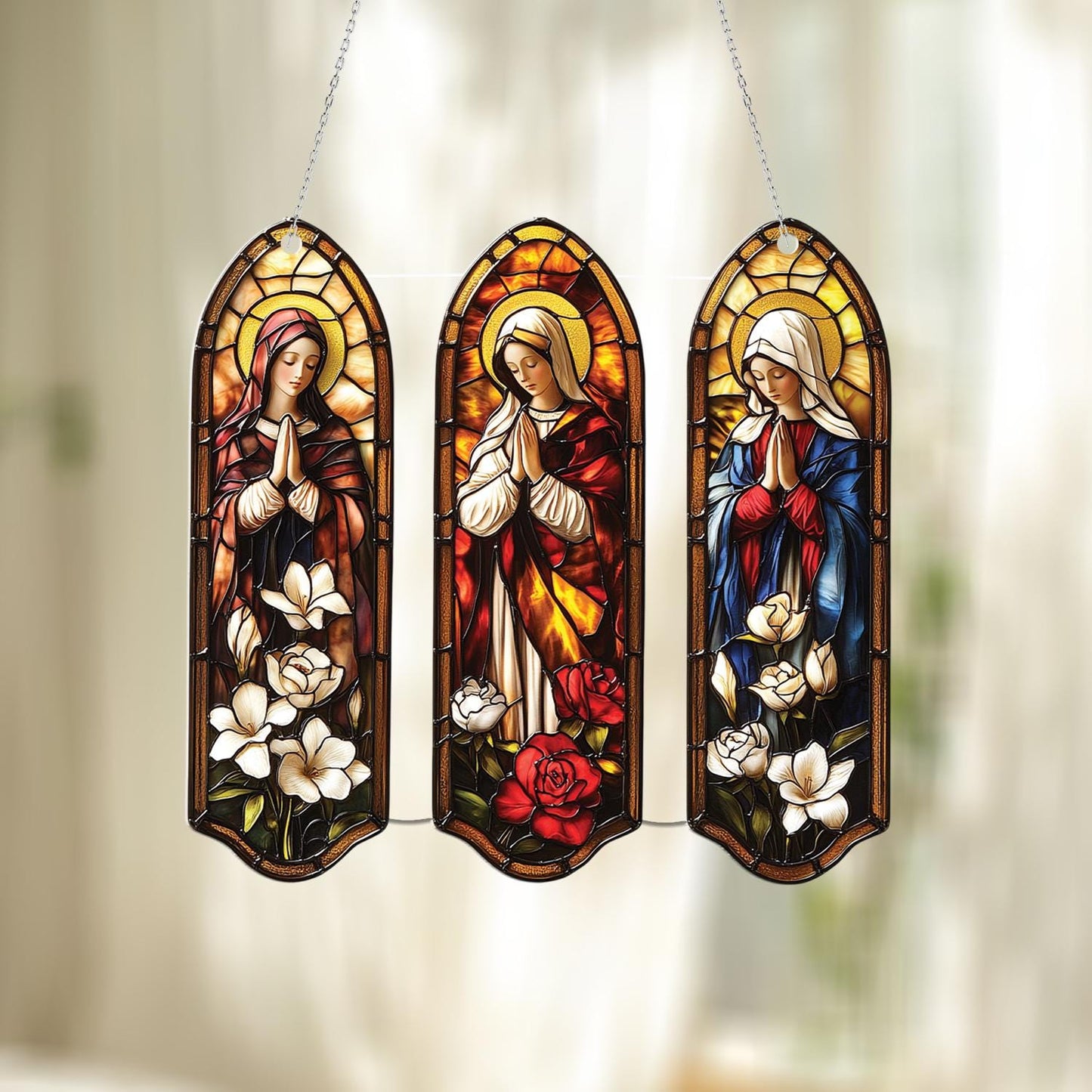 Virgin Mary Triptych Window Hanging, Faux Stained Glass Catholic Decor, Prayer Panel Wall Art, Religious Gift for Home or Church