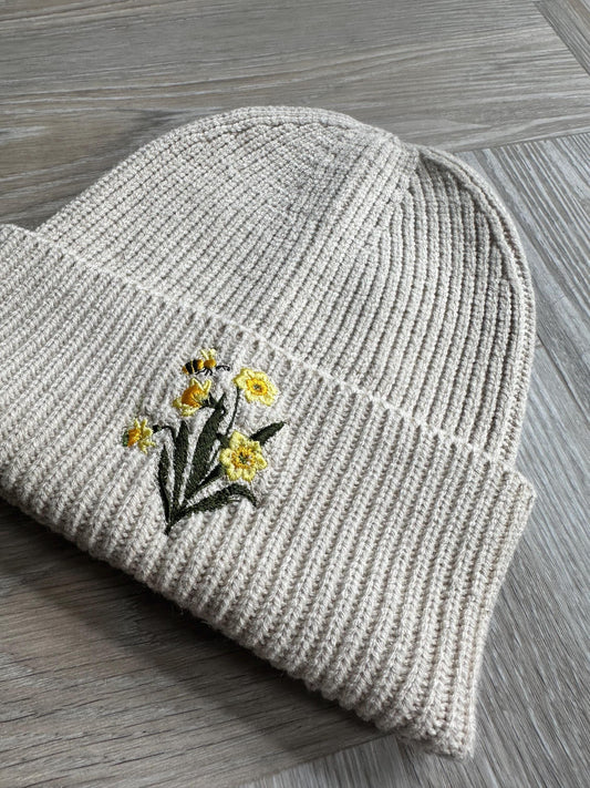 Daffodil and Bee Embroidered Beanie, Spring Gift Hat, Adult Beanie, Nature Beanie, Botanical Hat, Gift for Nature Lovers, Floral Beanie