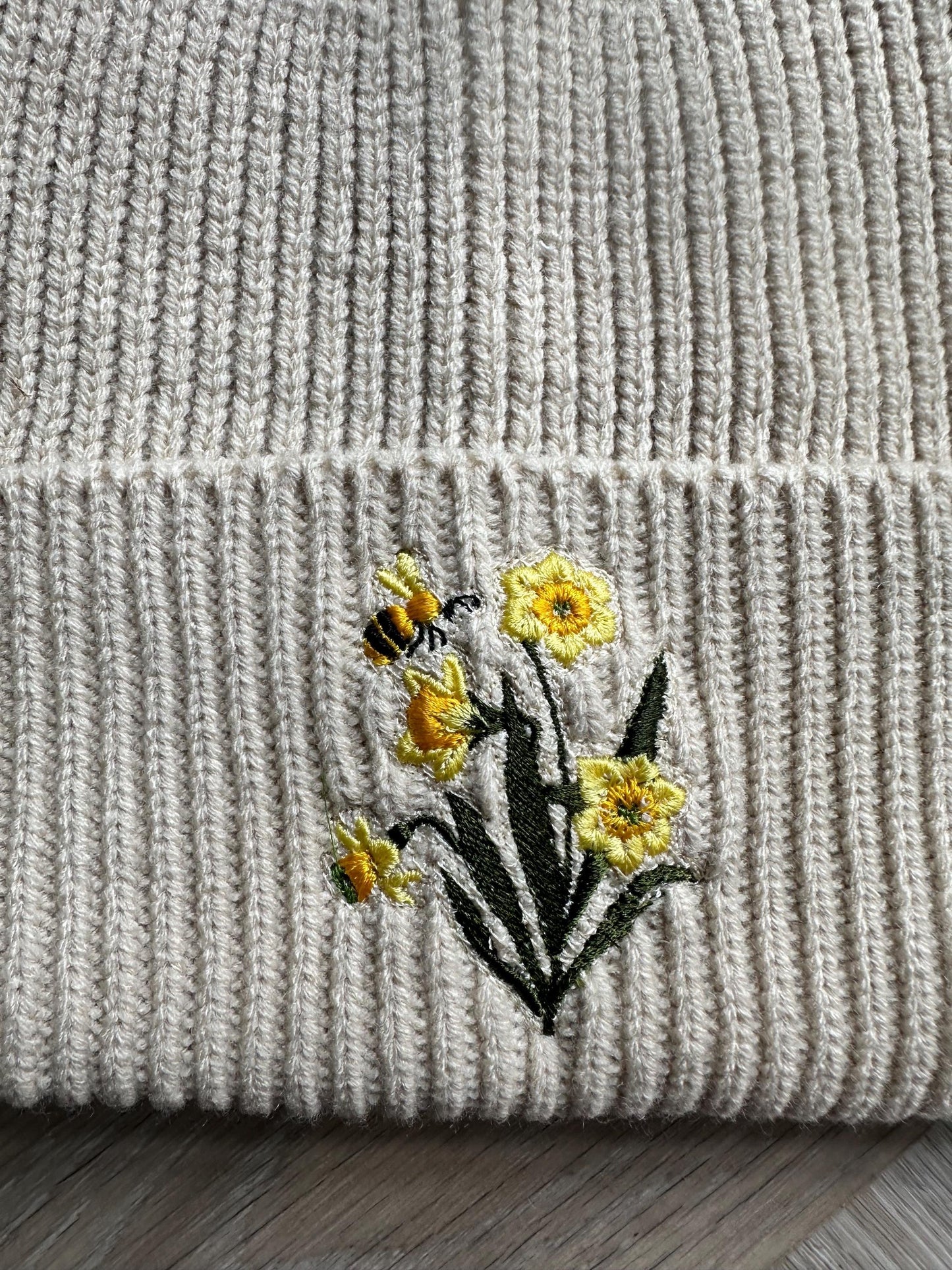 Daffodil and Bee Embroidered Beanie, Spring Gift Hat, Adult Beanie, Nature Beanie, Botanical Hat, Gift for Nature Lovers, Floral Beanie