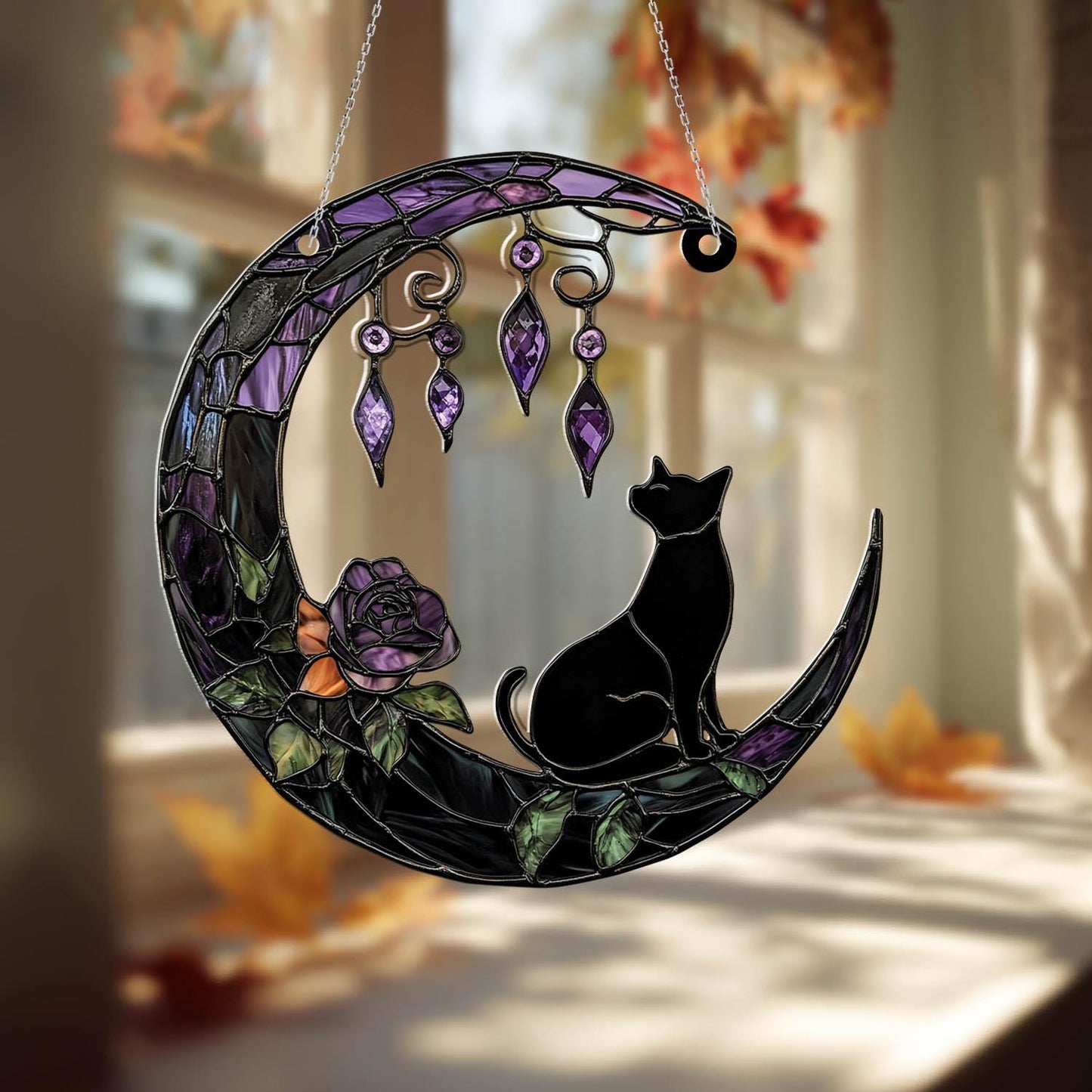 Black Cat and Moon Window Hanging, Gothic Home Decor, Handcrafted Acrylic Ornament, Perfect for Witchy Halloween Decoration, Halloween Decor