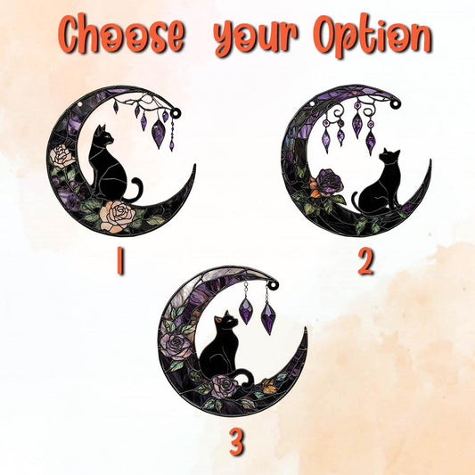 Black Cat and Moon Window Hanging, Gothic Home Decor, Handcrafted Acrylic Ornament, Perfect for Witchy Halloween Decoration, Halloween Decor