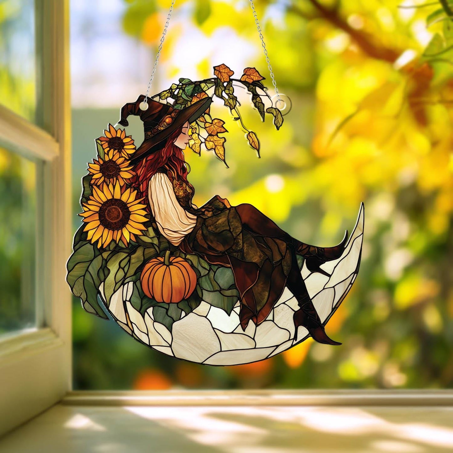 Witch on Crescent Moon with Pumpkin and Sunflower Window Hanging, Fall Autumn Decor, Handcrafted Acrylic Ornament, Perfect Halloween Decor