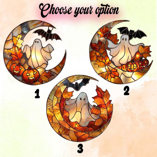 Ghost, Pumpkin, and Bat on Crescent Moon Window Hanging, Halloween Fall Decor, Handcrafted Acrylic Ornament, Perfect for Spooky Home Decor