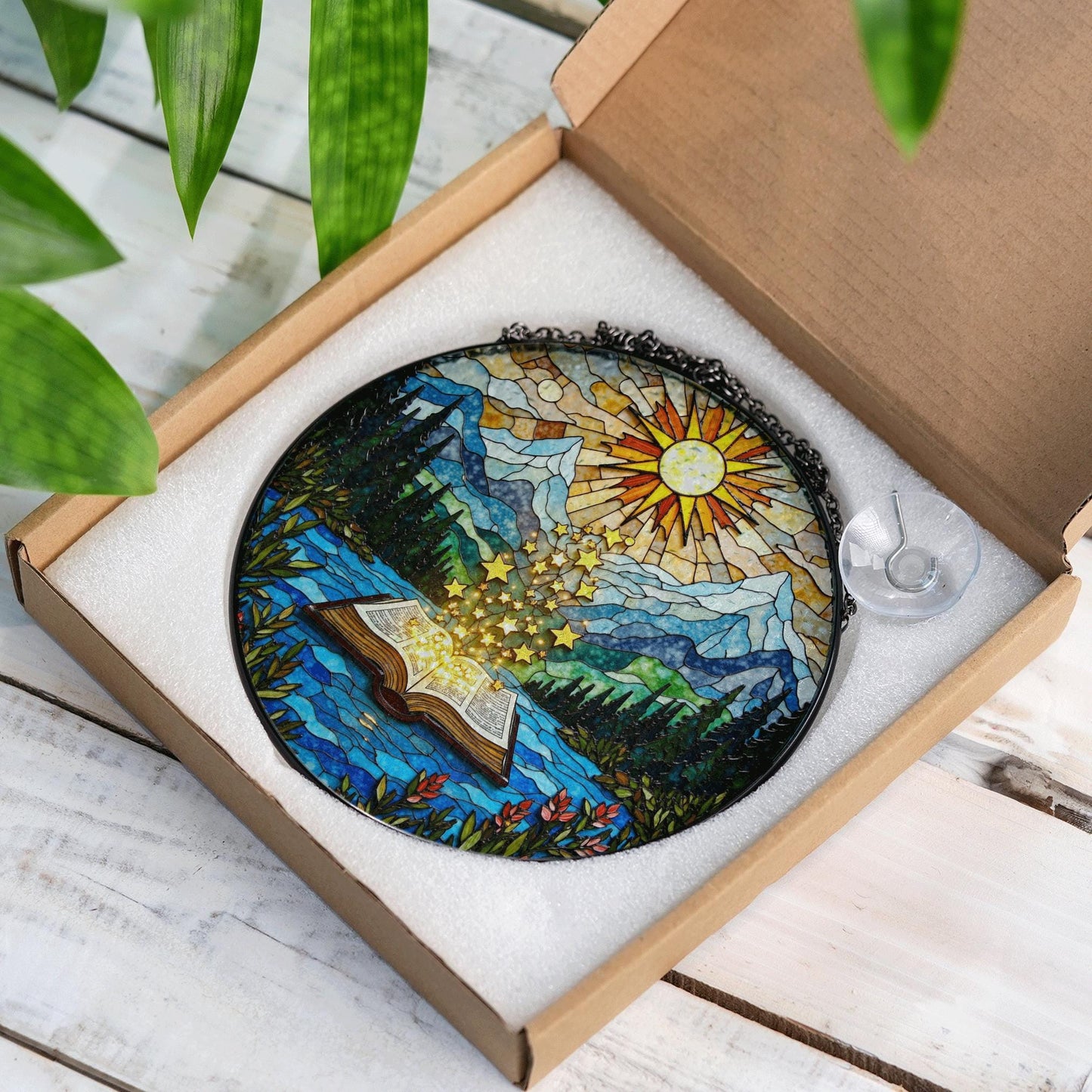 Open Book and Sun Rays Stained Glass Suncatcher Window Hanging Nature Gift for Teachers