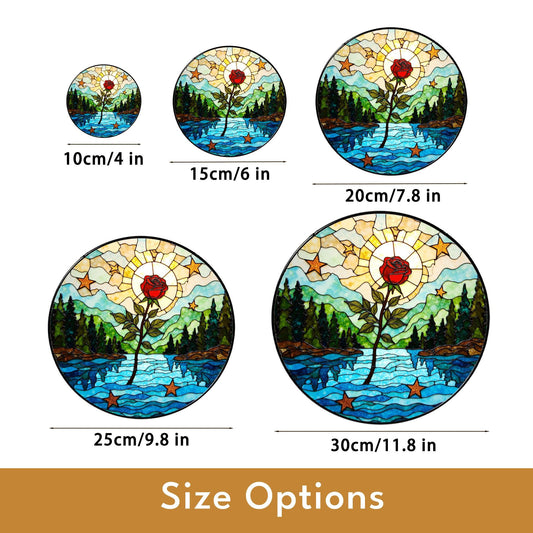 Red rose forest river stained glass round suncatcher window hanging nature decor gift for her birthday