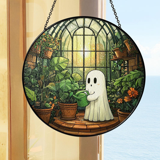 Cute Ghost Greenhouse Stained Glass Suncatcher, Halloween Ghost Glass Window Hangings, Plant Lovers Gift, Halloween Home Decor, Gift For Mom