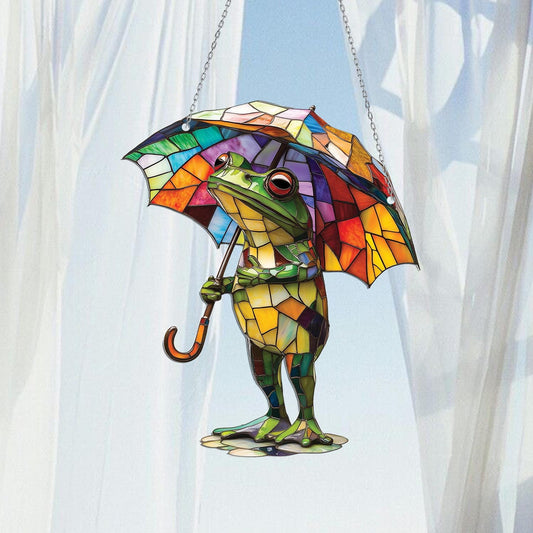 Frog with Umbrella Acrylic Window Hanging, Whimsical Window Hanging Frog Decor, Cute Rainy Day Gift for Nature Lovers, Garden or Home Accent