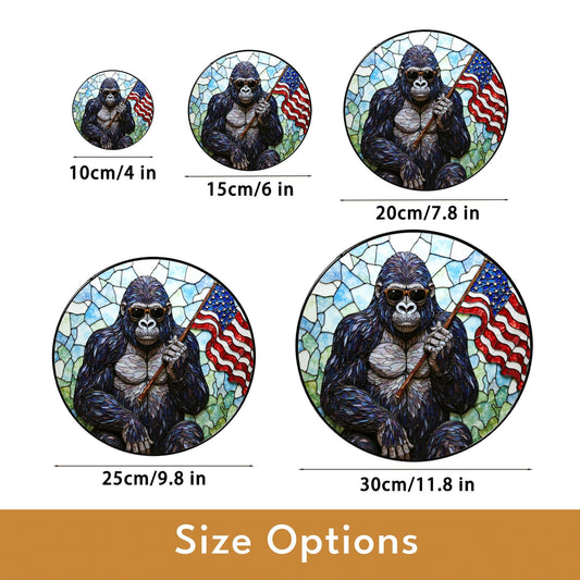 Cool gorilla waving USA flag stained glass round suncatcher window decor patriotic Fourth of July gift for dad