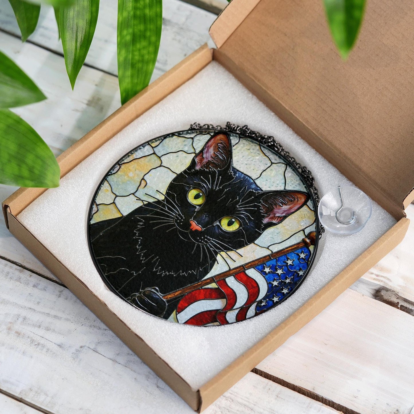 Black cat with American flag mosaic stained glass suncatcher window decor Independence Day gift for cat lover