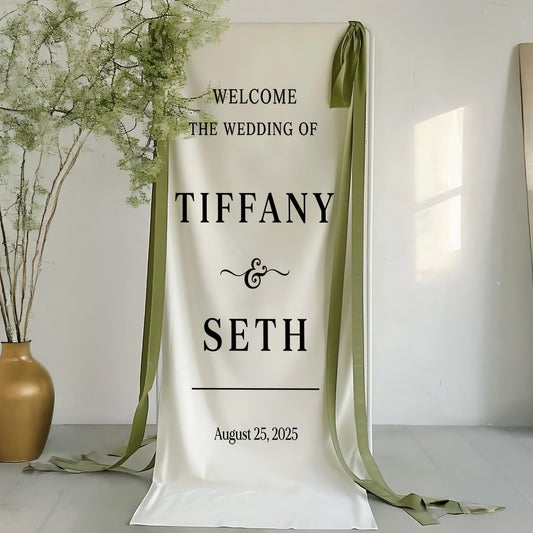 Beach Wedding Welcome Sign – Personalized Wedding Banner with Names & Date – Minimalist Outdoor Wedding Decor – Custom Coastal Ceremony Sign