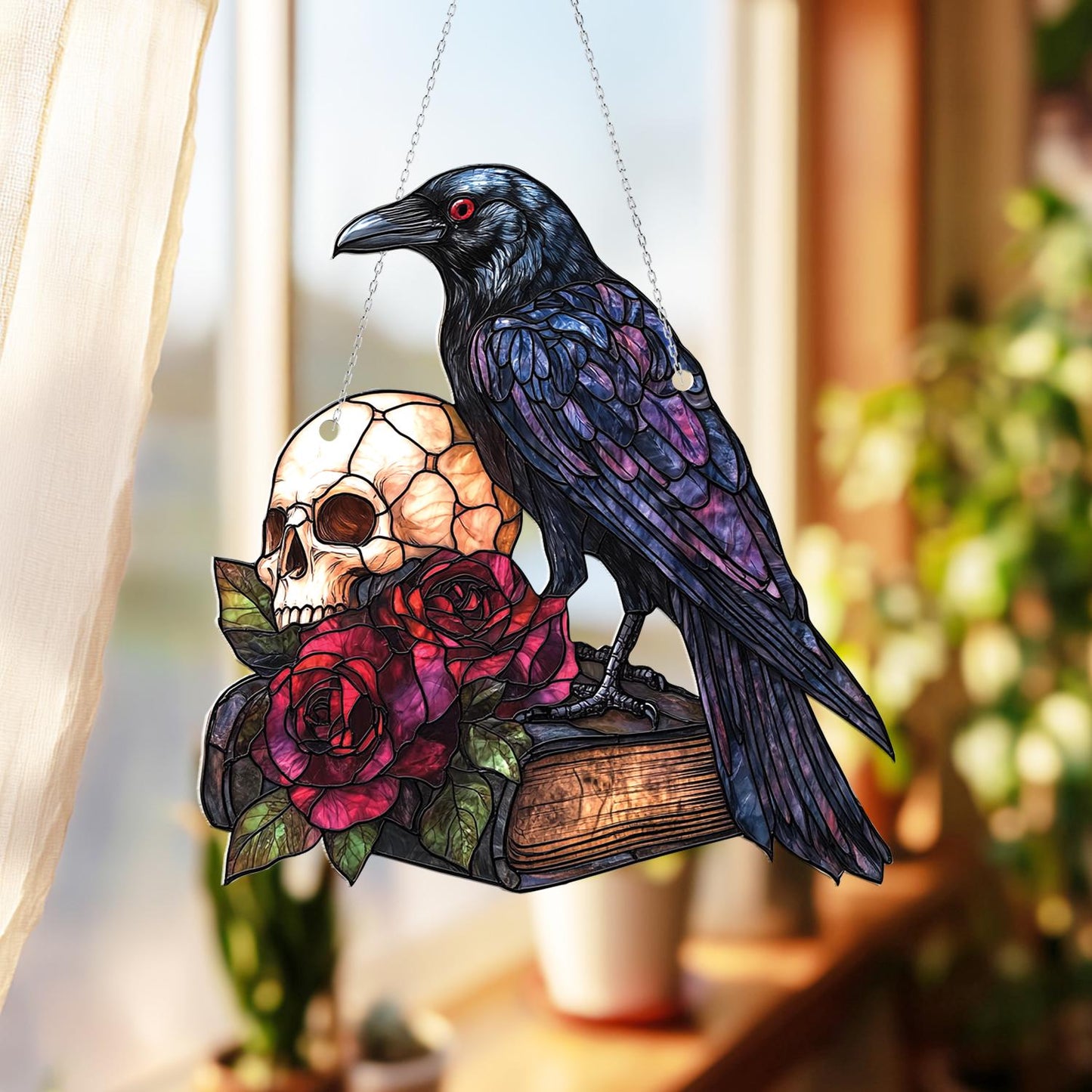Crow Skull Window Hanging, Gothic Raven Book Decor, Halloween Dark Academia Art, Spooky Rose Window Accent, Macabre Gift for Book Lovers