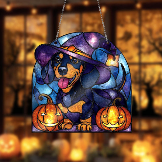 Halloween Dachshund Window Hanging – Witch Dog with Pumpkins, Fall Stained Glass Style Decor, Cute Spooky Pet Art for October Home