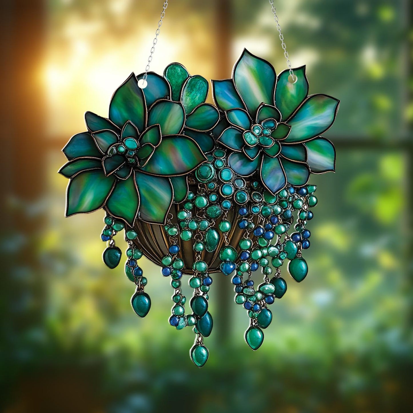 Hanging Succulent Pot Window Decor with Crystals, Green Plant Window Art, Boho Nature Room Accent, Housewarming Gift for Plant Lovers