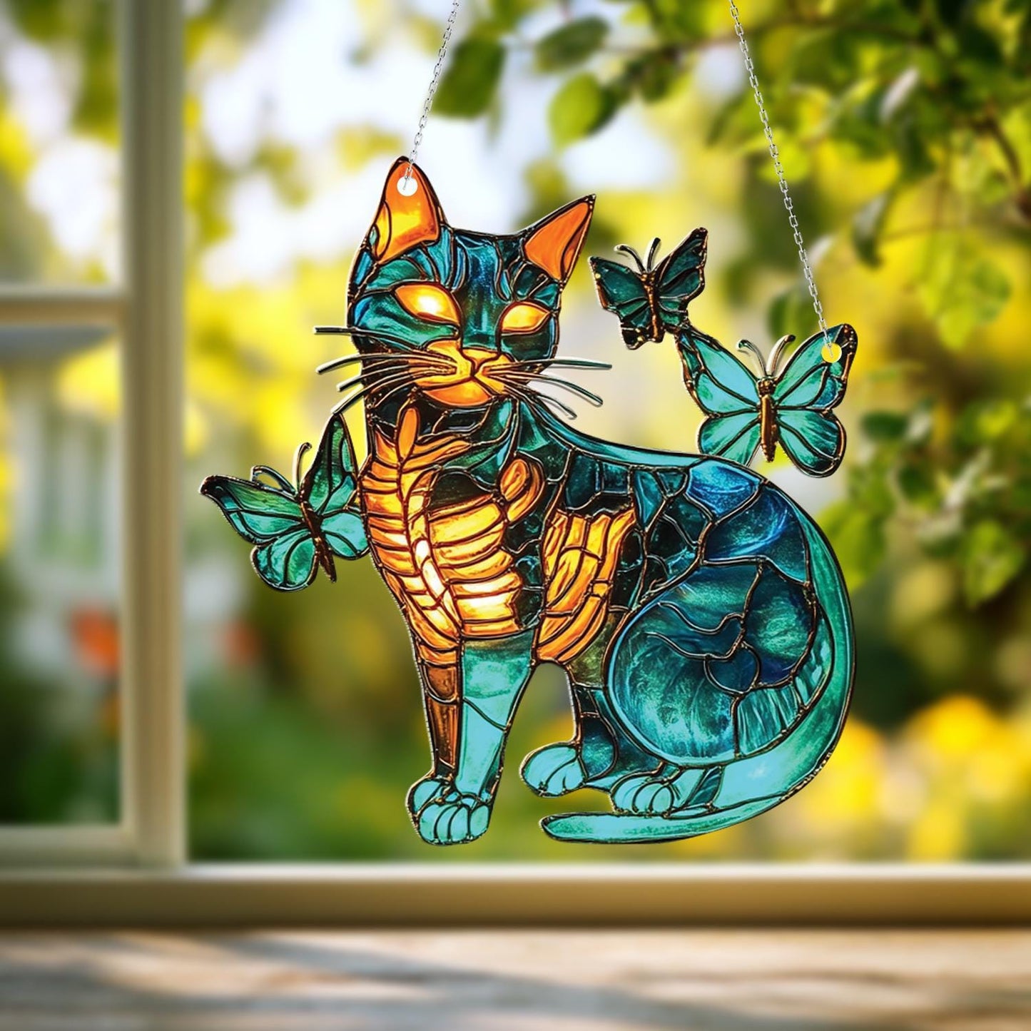 Cat with Butterflies Window Hanging, Whimsical Cat Window Decor, Butterfly Cat Art, Cute Animal Home Accent, Gift for Cat Lovers