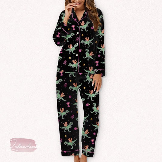 Princess Donut And Mongo Set – Funny Dino Rider Pajamas with Cats, Crowns And Donuts | Whimsical Loungewear for Cozy Sleep And Gift-Giving