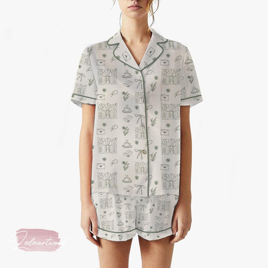 Pride and Prejudice Hand Drawn Set – Jane Austen Pajamas with Pemberley Sketches, Tea, Letters & Florals | Regencycore Sleepwear