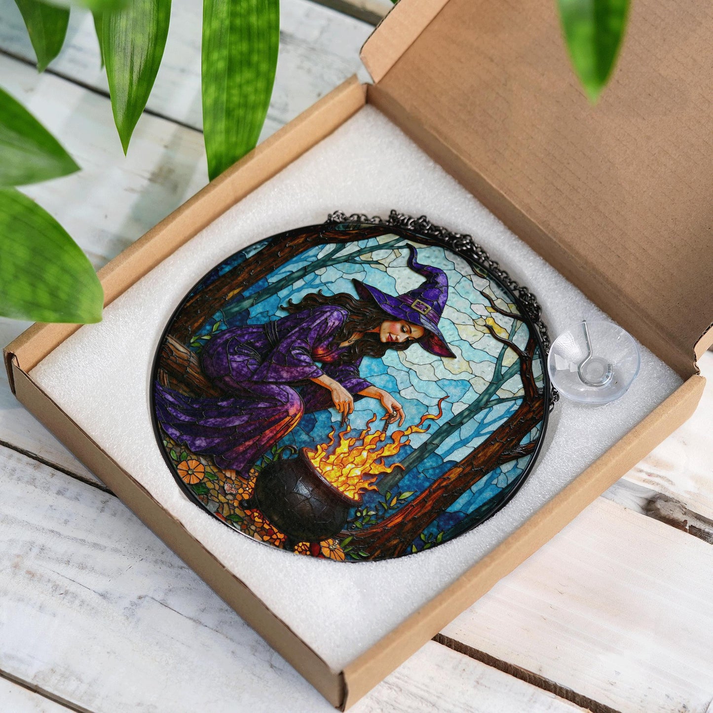 Witch by Cauldron Purple Dress Halloween Suncatcher Window Hanging Gift for Spooky Season Lovers