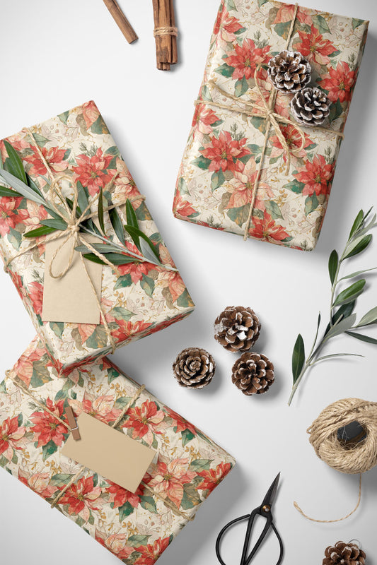 Premium Christmas Wrapping Paper Roll with Watercolor Poinsettias, Elegant Floral Gift Wrap Design #12