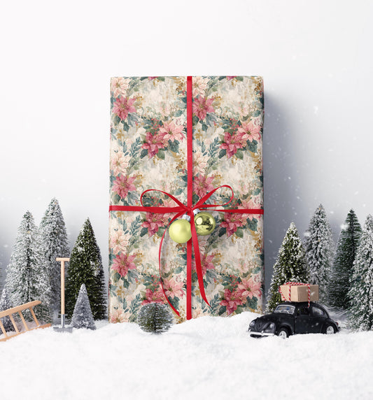 Poinsettia Christmas Gift Wrap Roll, Elegant Watercolor Floral Design for Holiday Wrapping #14