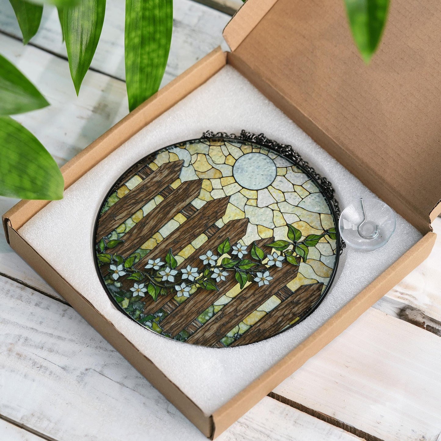 Rustic wooden fence with white flowers stained glass suncatcher gift for nature lovers
